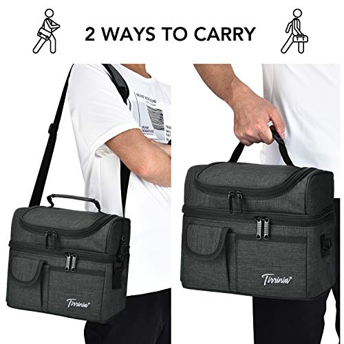 Tirrinia Insulated Lunch Bag, Leakproof Thermal Bento Cooler Tote for Women and Men, Dual Compartment with Shoulder Strap, 10.2 inch x 7.5 inch x 9