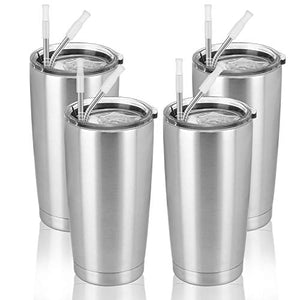 4 Pack Travel Tumblers with 8 Lids, Stainless Steel Double Wall Vacuum Travel Tumbler for Home School Office Camping, Insulated Travel Tumbler Works Good for Ice Drink, Hot Beverage(20 oz, Silver)